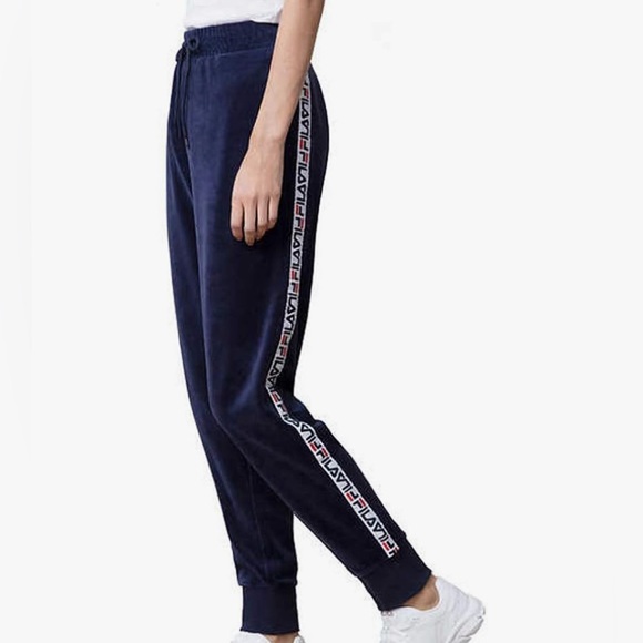 FILA Dolly Velour Logo Side Stripe Banded Bottom Jogger Sweatpants Lounge Pants - Picture 3 of 8